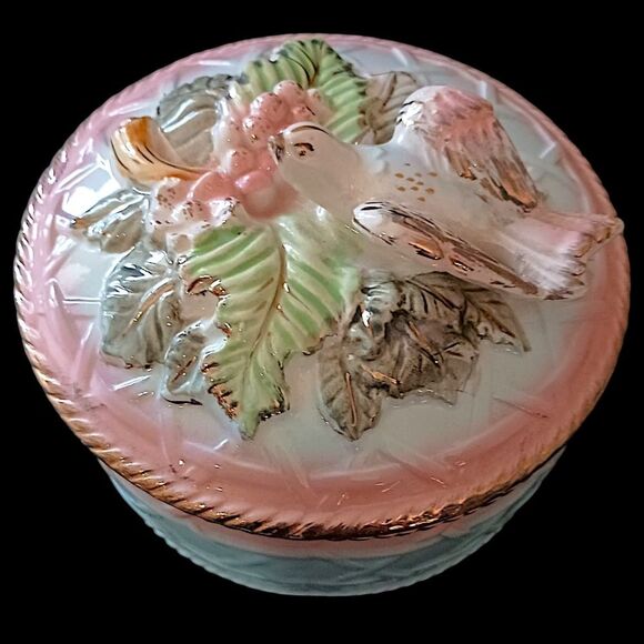 Majolica 3D Candy Dish Birds Floral Handpainted Porcelain Betson Colorful Shabby - Picture 7 of 16